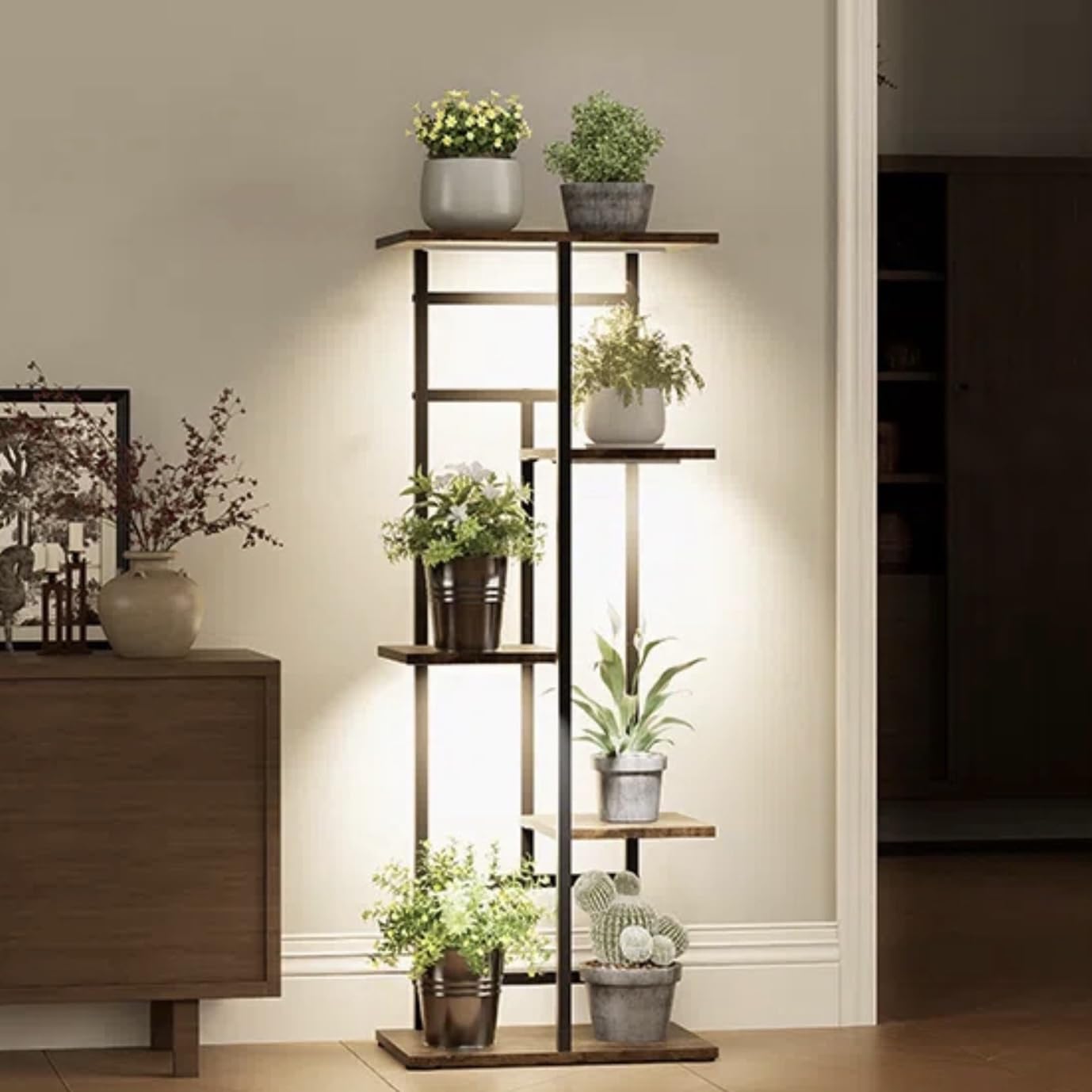 Forotone Plant Stand Indoor with Grow Lights, 5-Tiered Tall Plant Shelf Indoor Corner Plant Shelves Plant Rack Display Flower Holder for Living Room, Patio, Balcony