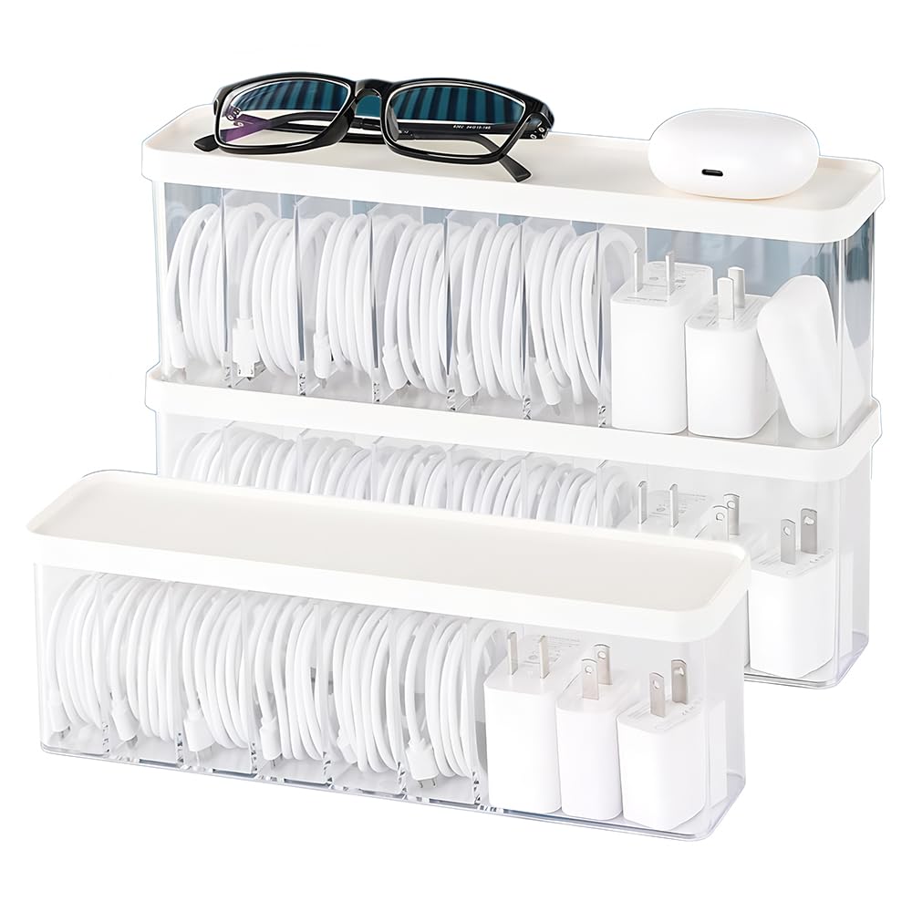 Nkocvew Charger Cable Cord Storage Organizer Box - 3 Pack With Lid - Easy Storage Without Cable Ties