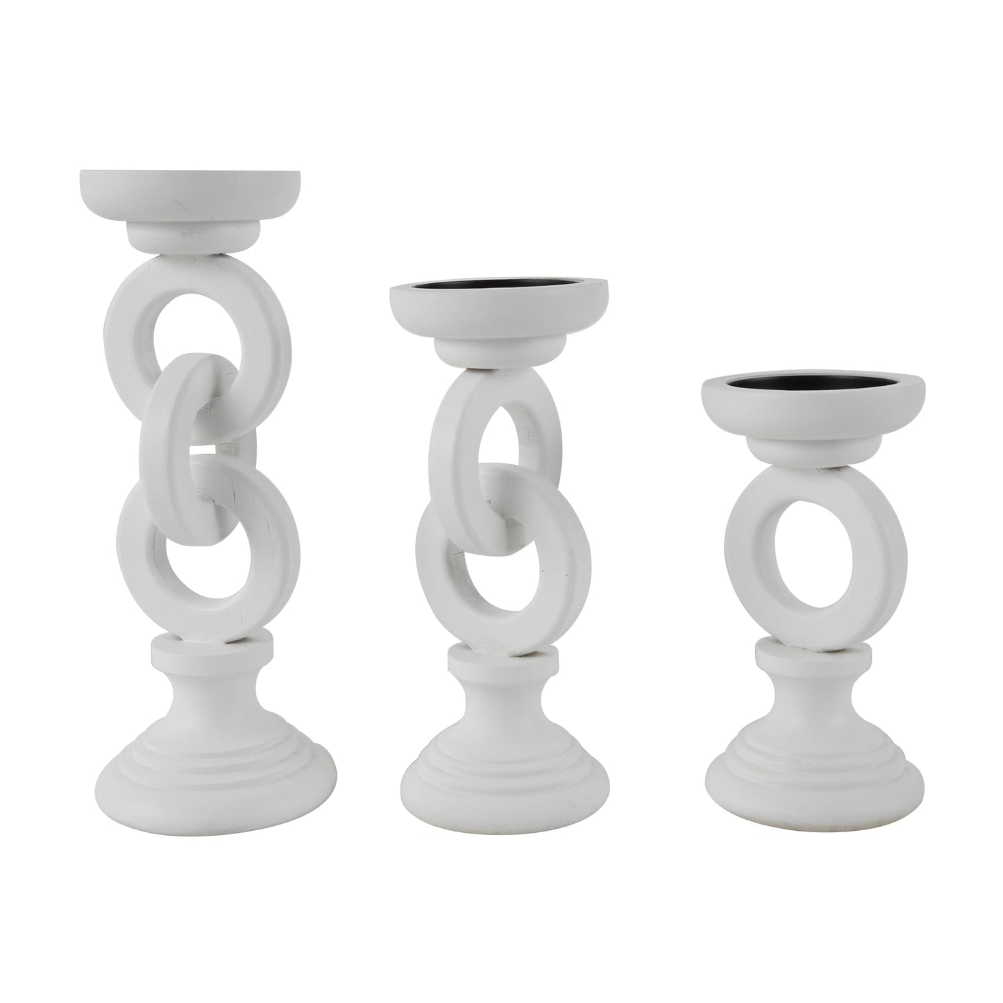Deco 79 Wooden Decorative Candle Holder Chain Link Candle Stand, Set of 3 Candlestick Holder 13", 11", 9" H, White