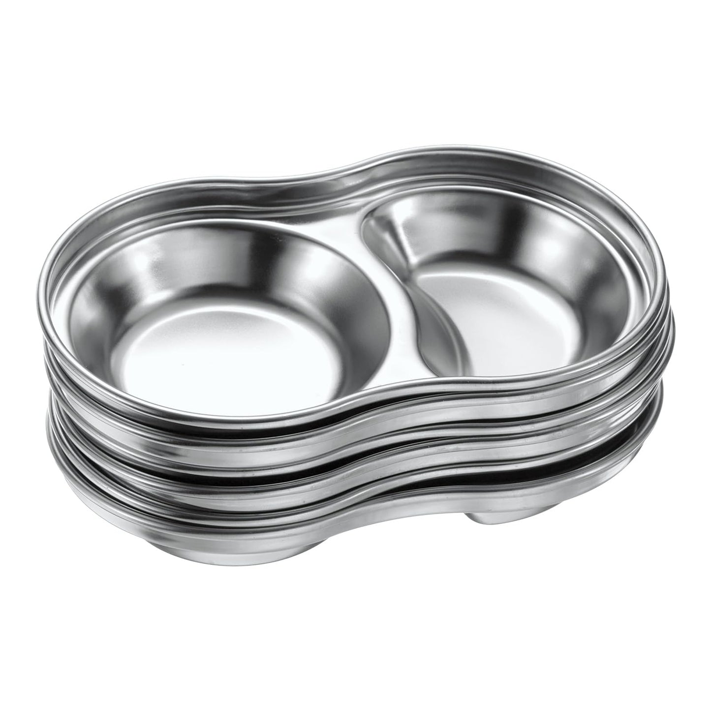 uxcell 6 Pack Stainless Steel Dish Dipping Bowls with 2 Round Compartment Divided, Metal Seasoning Plate Dipping Bowl for Condiment Home Party Restaurant Picnic Travel, Silver