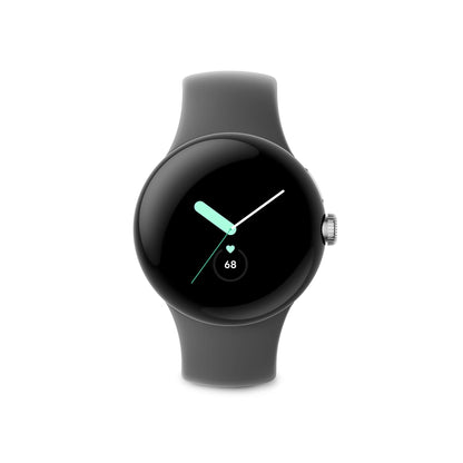 Google Pixel - Android Smartwatch with Fitbit Activity Tracking - Heart Rate Tracking Watch - Polished Silver Stainless Steel case with Charcoal Active band - LTE