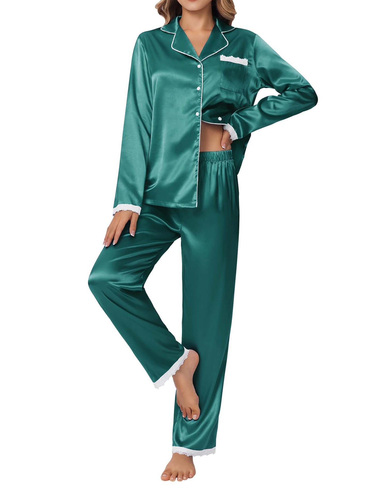 Ekouaer Satin Pajamas for Women Silk Long Sleeve Sleepwear Button Down Loungewear 2 Pieces Lace Soft Pjs Set