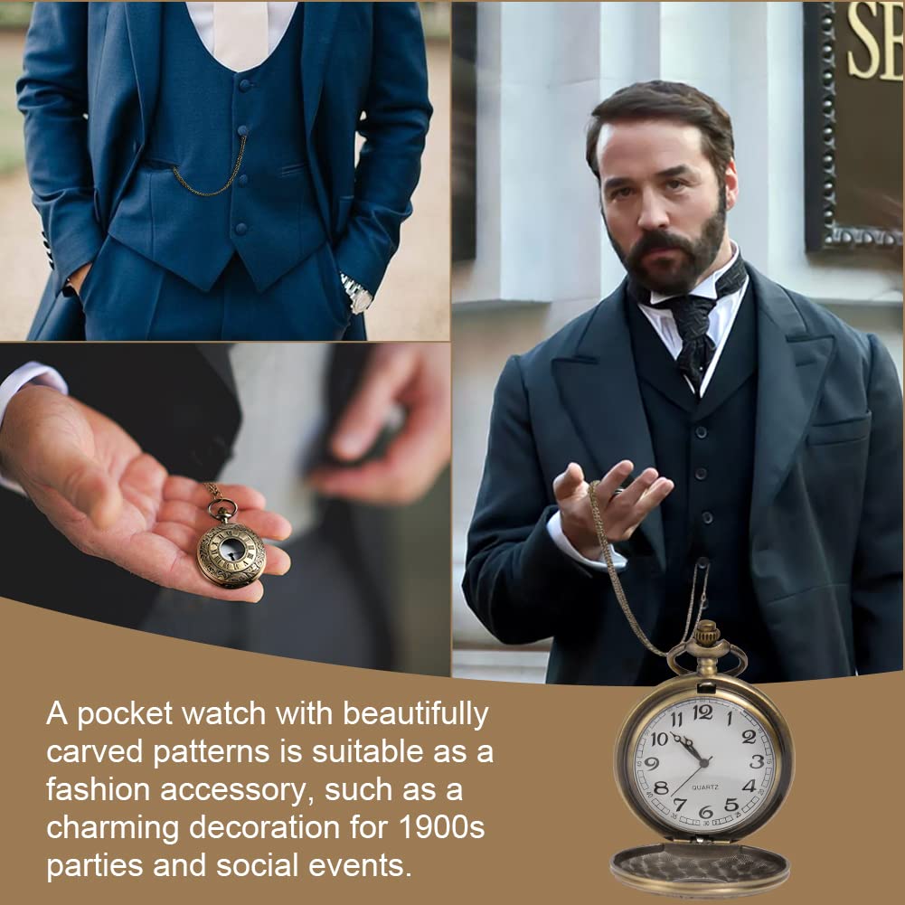Vicloon Modern Vintage Quartz Pocket Watch with Chain, Roman Numerals - Stylish for Birthday, Anniversary, Christmas, Father's Day (Bronze)