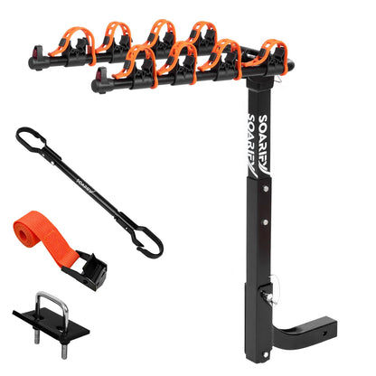 Soarify Bike Rack for Car, SUV, RV, Mount Hitch Bike Rack, Up to 143 lbs Load Bicycle Rack Carrier Rubber Straps, Tilt Release with 2" Hitch for Cars (4 Bikes+BAR)