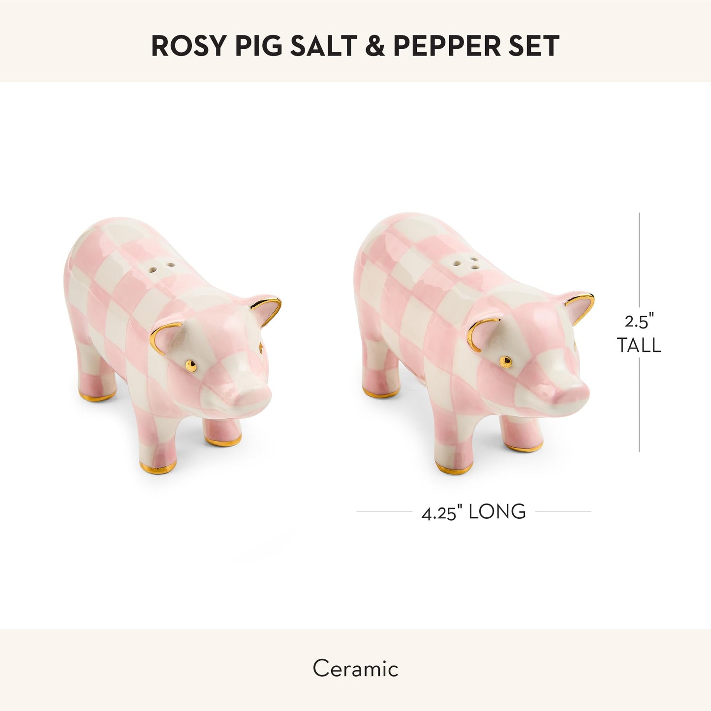 MACKENZIE-CHILDS Set of 2 Ceramic Salt and Pepper Shakers, Kitchen Table Accessories, Pink-and-White Rosy Pig