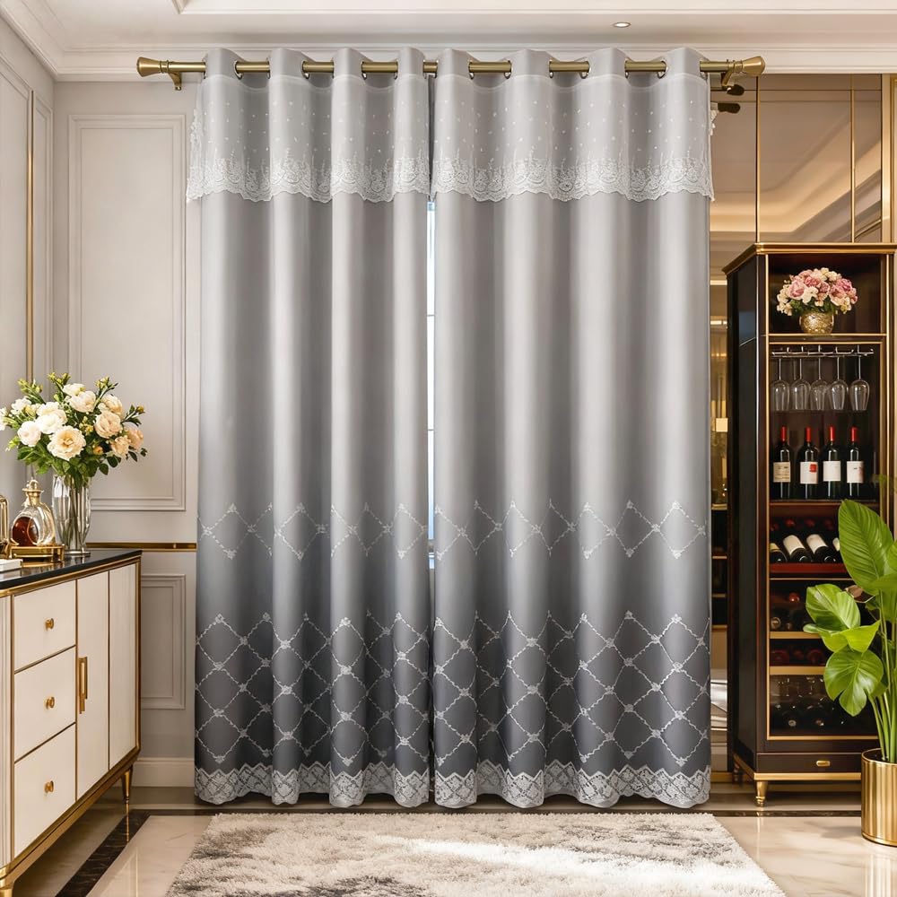 Amidoudou 1 Pair Double Layer Geometric Curtains for Living Room Gradient Diamond Pattern Embroidered Curtains for Bedroom (Grey,54x90 Inch)