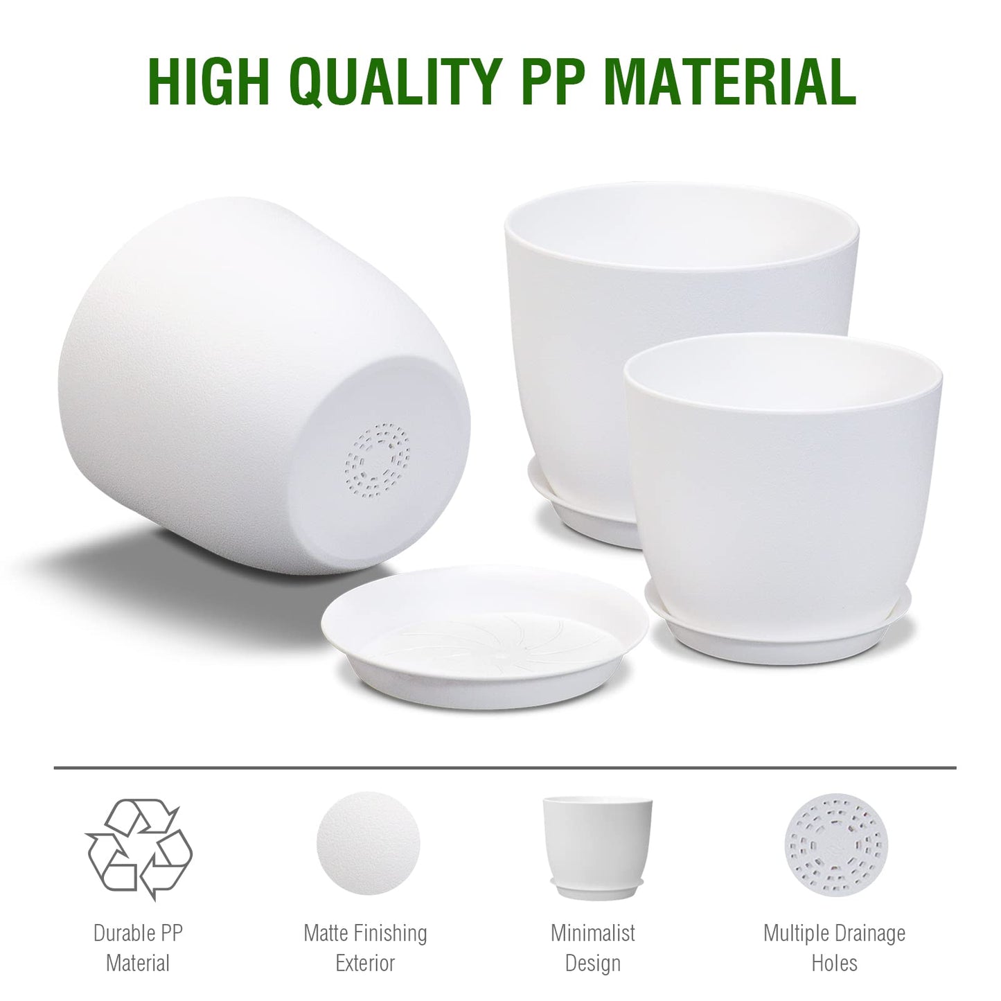 UOUZ 12/10/9 Large Plant Pots, Plastic Planters with Drainage Holes and Saucers for Indoor Outdoor Plants Flowers, White