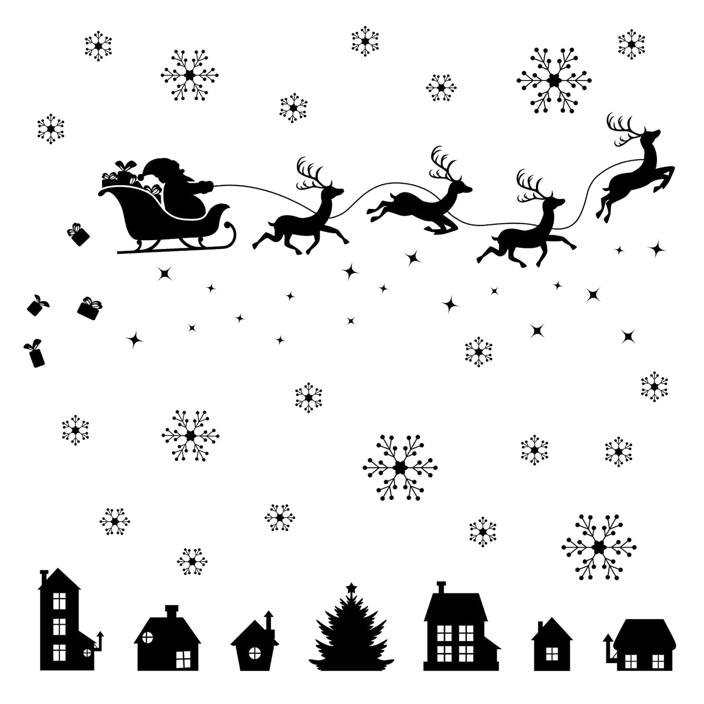 Merry Christmas Wall Decal Black Santa Reindeer Snowflake Window Clings Wall Stickers Removable Xmas Vinyl Wall Decor for Holiday Party Bedroom Office Living Room Home Decoration