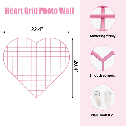 ECLENYES Grid Photo Wall Panels - 22.4"x20.4" Heart Shape Iron Rack Art Wire Board, Wall Grid Organizer, DIY Photo Frame for Home, Office, Kitchen, Bedroom, Christmas Gifts - Pink