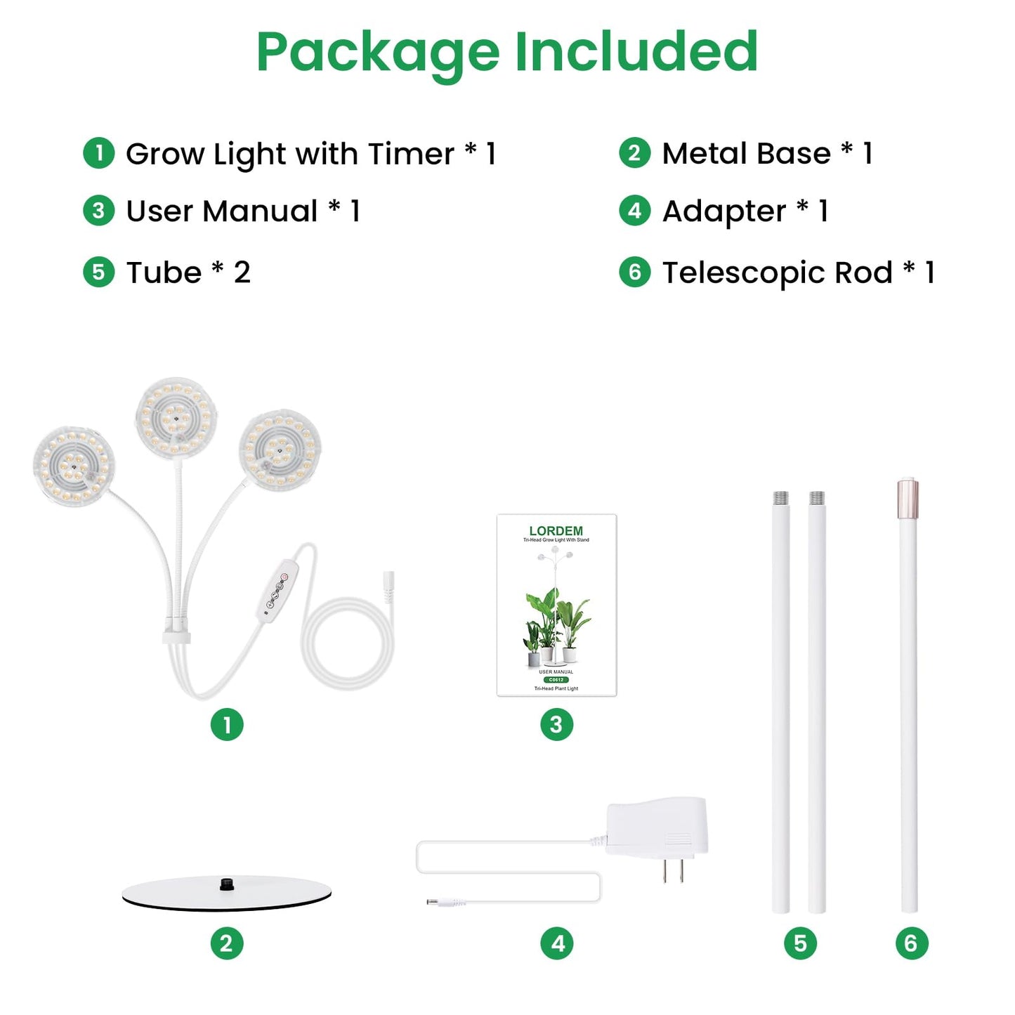LORDEM Full Spectrum Plant Light for Indoor Growing,Tri-Head Grow Light with Stand for Large Plants,Auto ON/Off Timer 6/8/12/16H, 5 Dimmable Levels, 20-70 inches Adjustable Height