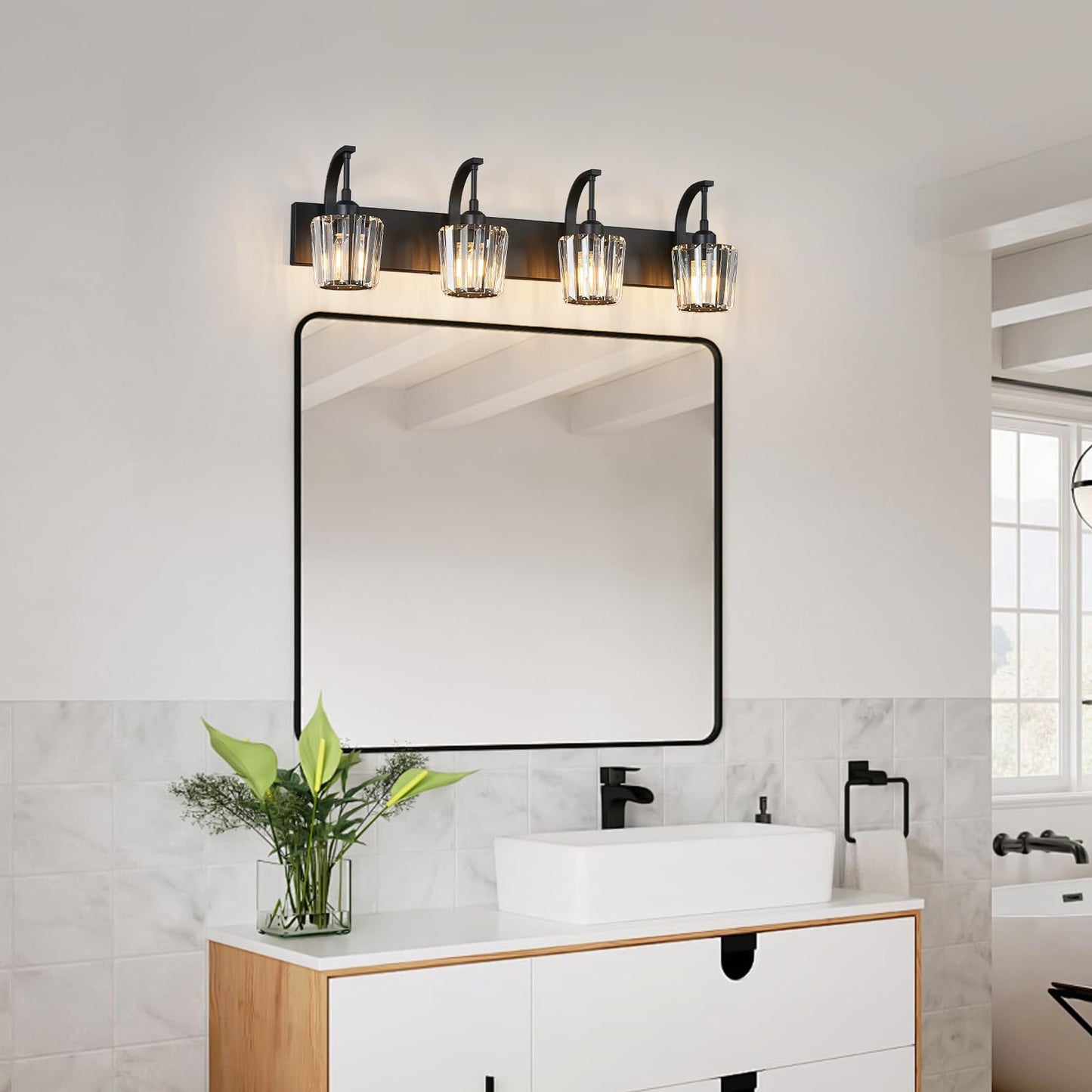 FDPBY Modern Bathroom Vanity Light, 4-Light Black Wall Sconce with Crystal Accents, Over Mirror Bathroom Lighting Fixture, 32.67" Long Dimmable Vanity Lamp for Makeup, Easy Installation
