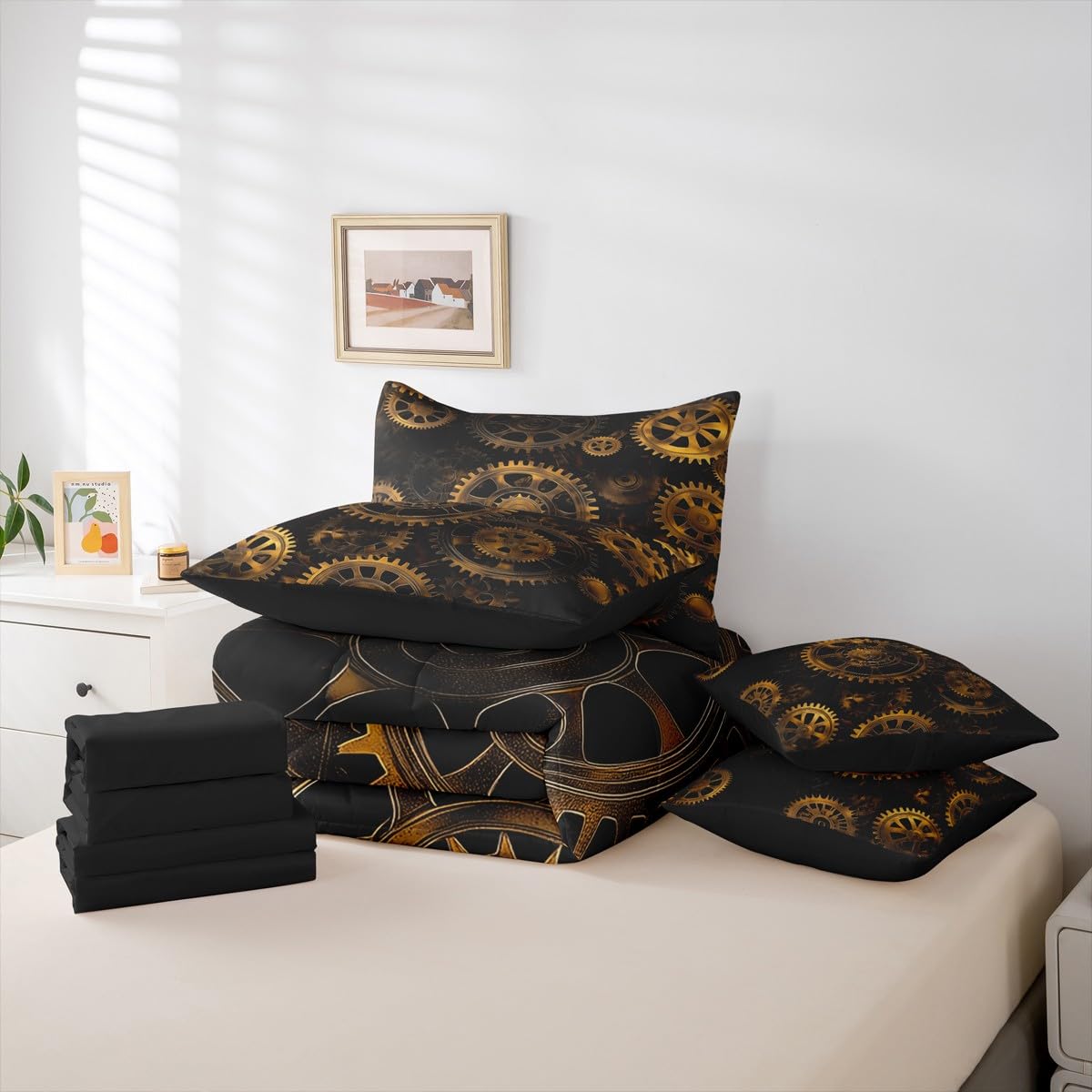 Erosebridal Golden Ndustrial Gear Full Comforter Set, Steampunk Style 7-Piece Bed in A Bag, Clocks Theme Sheets and Pillowcases, Retro Mechanical Device Kids Adult Bed Sets
