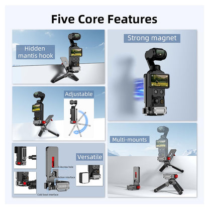 Magnetic Foldable Tripod for DJI Osmo Pocket 4/3 Accessories, Adjustable Aluminum Alloy Expansion Stand with Hidden Mantis Hook, Cold Shoe and 1/4" Screw Holes, Desktop Handheld Hanging Vlog Mount