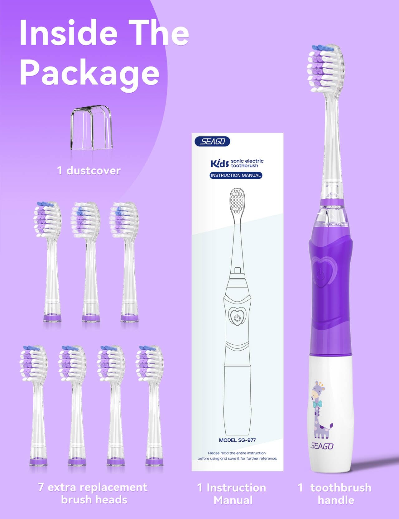 SEAGO Kids Electric Toothbrush with 2 Mins Brushing Timer and 8 Replacement Bursh Heads,Rainbow LED Light Make Brushing Fun, Pink Color Girls Battery Powerd Toothbrush for 4-12 Years Old