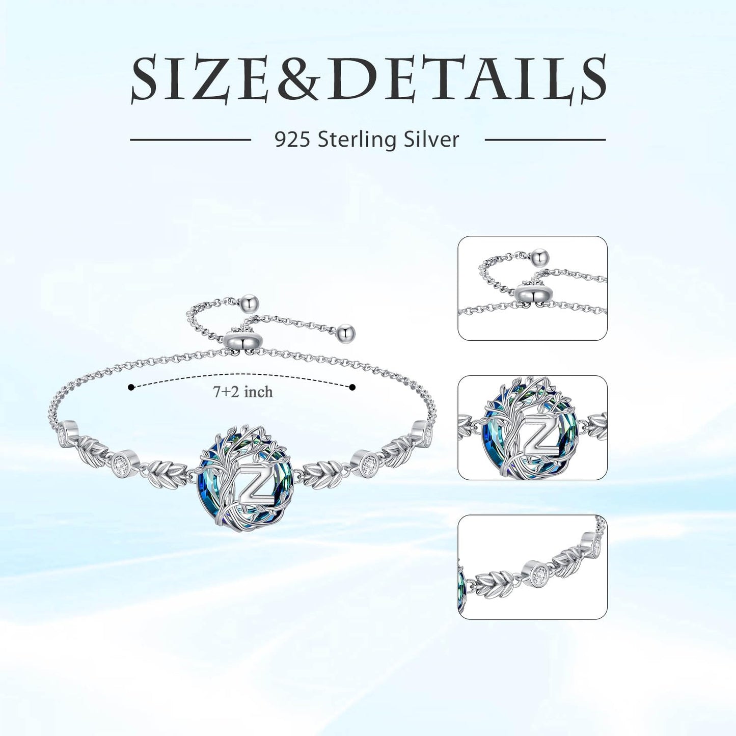 TOUPOP Tree of Life Initial Bracelet Sterling Silver Initials Z Letter Link Bracelets Blue Circle Crystal Family Tree Birthday Mothers Day Jewelry Gifts for Women Mom Wife