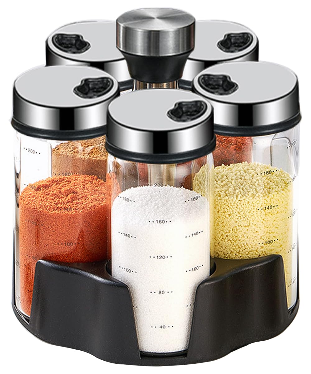 TINMIX Revolving Spice Rack Organizer, Rotating Seasoning Holder Shelf with 5 Large 200ml Glass Jars for Kitchen Countertop Cabinet