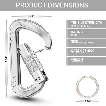 3inch Auto Locking Carabiner Clips Heavy Duty, 12KN /2697lbs Lightweight keychain carabiners, Sturdy Twist Lock Caribeeners for Camping Hiking Hammock Swing Backpack, dog leash and Harness etc, Sliver