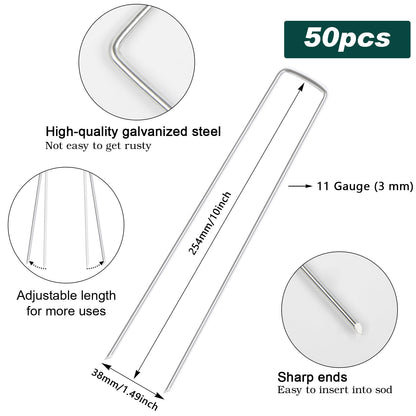 FEED GARDEN 10 Inch 50 Pack Galvanized Landscape Staples 11 Gauge Anti-Rust Garden Stakes Landscaping Fabric SOD Pins Yard Stakes for Weed Barrier Fabric