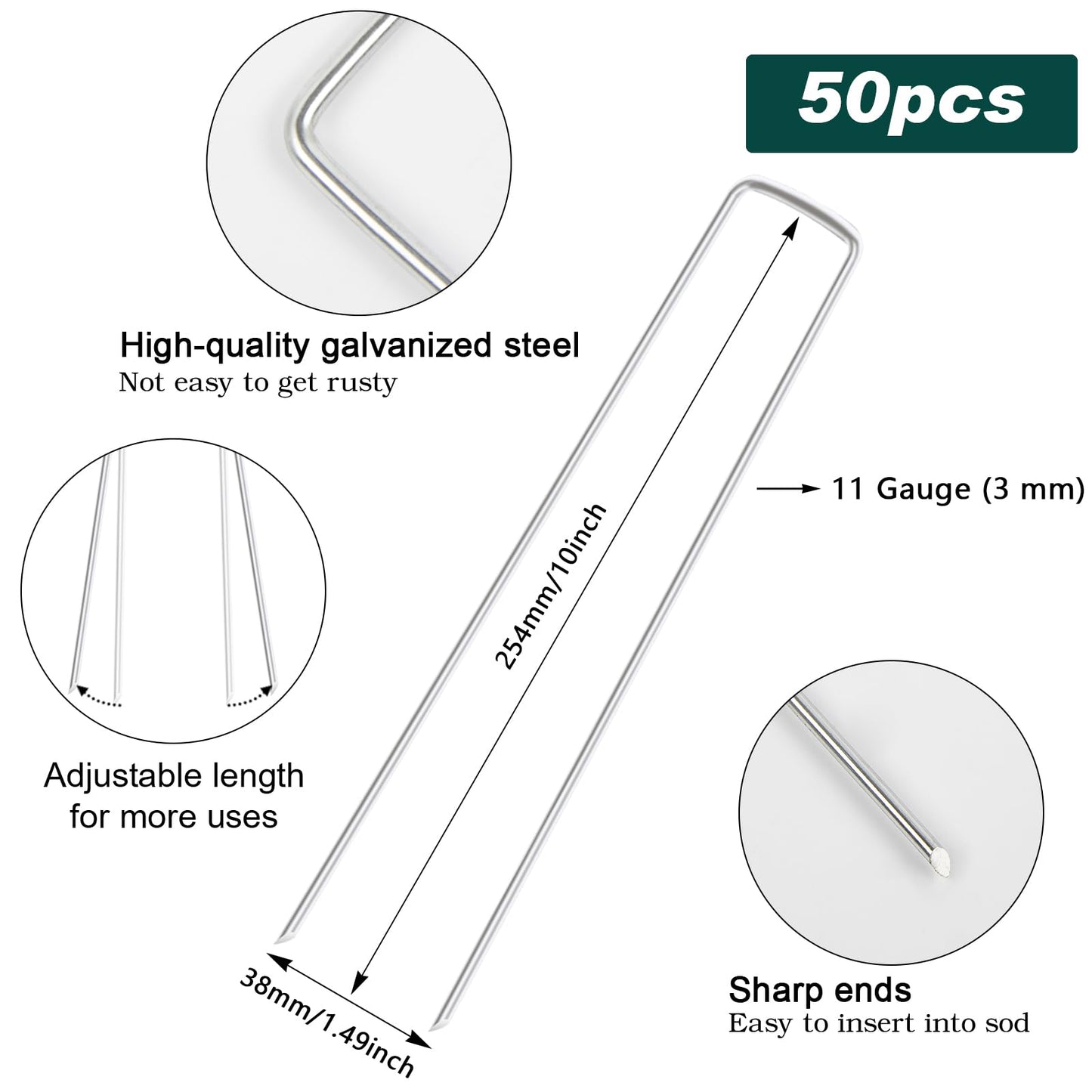 FEED GARDEN 10 Inch 50 Pack Galvanized Landscape Staples 11 Gauge Anti-Rust Garden Stakes Landscaping Fabric SOD Pins Yard Stakes for Weed Barrier Fabric