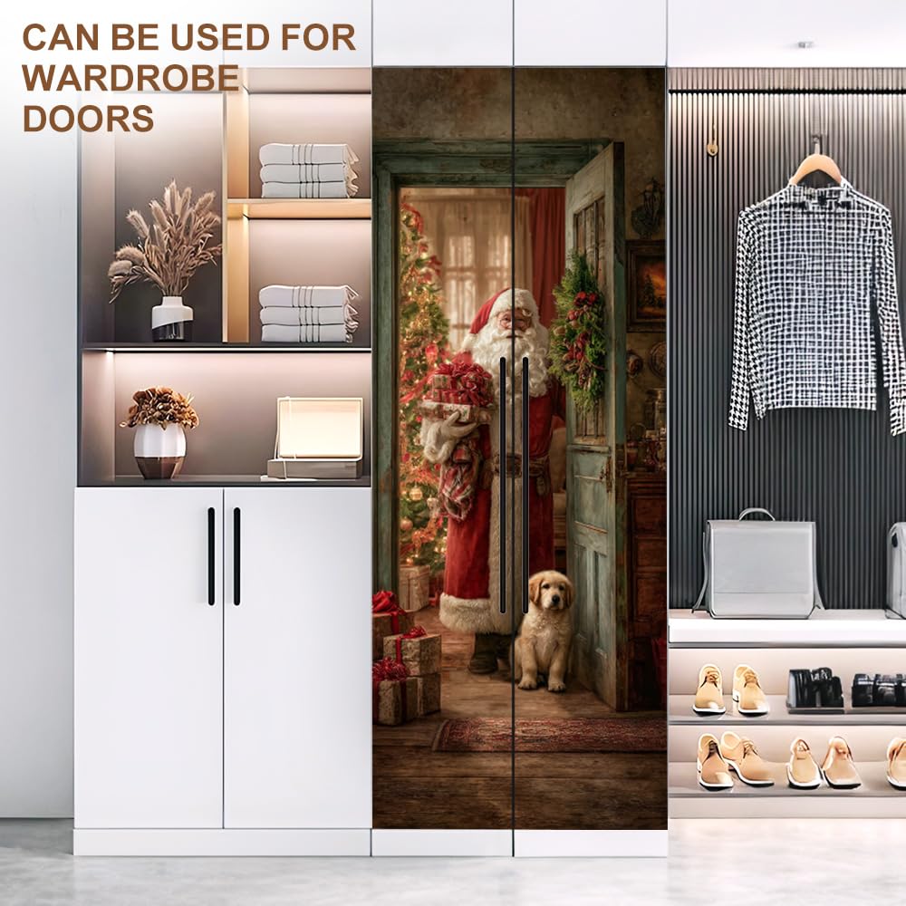 Santa and Puppy Christmas Door Mural Peel and Stick - Festive Golden Retriever Holiday Scene, Decorative Self-Adhesive Door Decals for Indoor Decor, 30.31 x 78.74 Inch