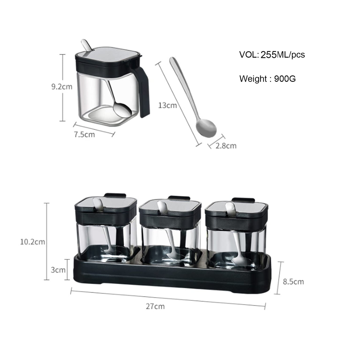W WBLD Glass Condiment Jar Spice Container with Lids and Spoons, Square Clear Seasoning Sugar Containers Set with Base, Sugar Pepper Salt Spices Bowl for Kitchen Countertop,3pcs