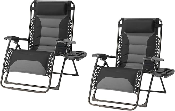 Zero Gravity Chair Set of 2 Oversized Padded Recliner with Adjustable Headrest & Cup Holder - 600D Oxford Folding Lounge Chair for Outdoor Camping, Patio, Poolside (Black & Gray)