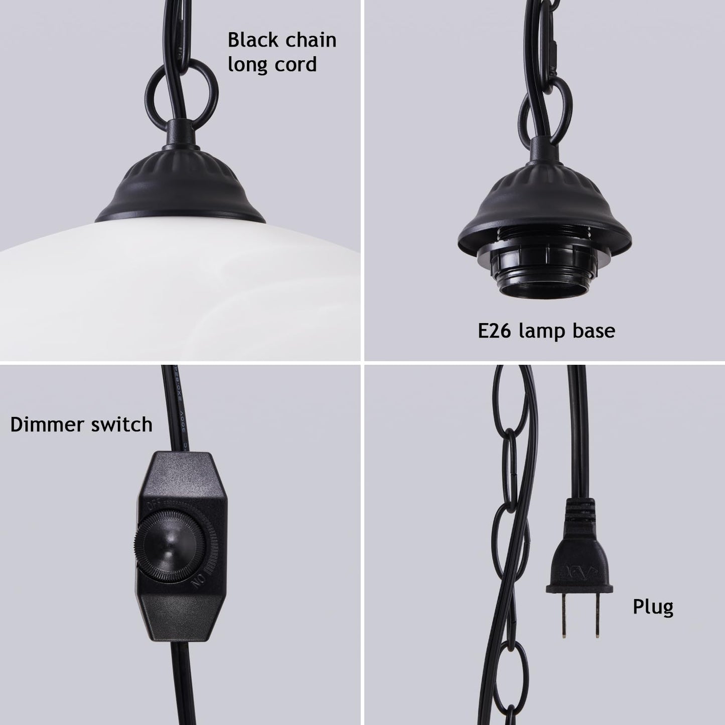 WEIYOUDJ Plug in Pendant Light Antique Alabaster Glass Shade Hanging Lamp with On/Off Switch,16.4Ft Cord & 14.7Ft Chain Dimmable Swag Light Fixture for Kitchen Sink Bar Nook