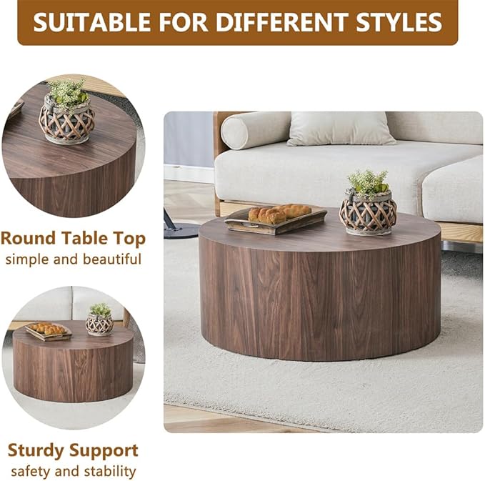 Round Coffee Table, 23.6" Modern Wood Drum Coffee Table, Round Accent Center