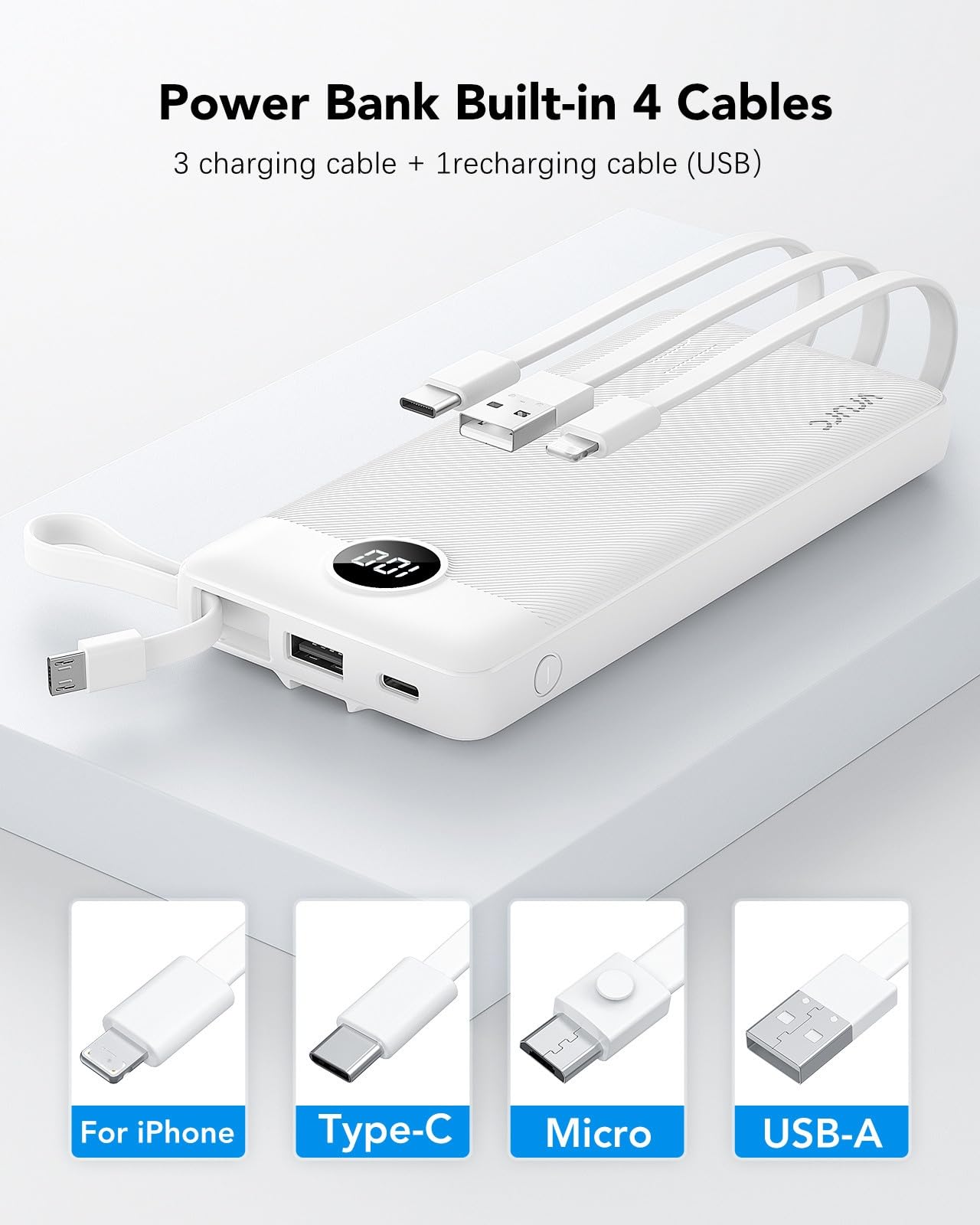 VRURC Portable Charger with Built in Cables, Slim Power Bank 10000mAh, USB C Battery Pack Travel Essential, 5 Outputs 2 Inputs Phone Charging Bank for iPhone 16 15 14 13,Samsung,Android-Black(1 Pack)