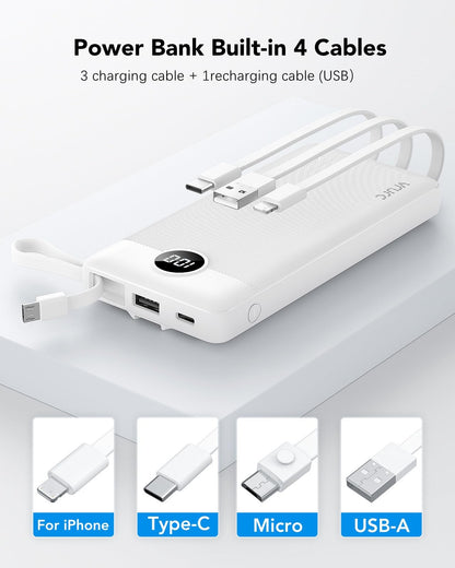 VRURC Portable Charger with Built in Cables, Slim Power Bank 10000mAh, USB C Battery Pack Travel Essential, 5 Outputs 2 Inputs Phone Charging Bank for iPhone 16 15 14 13,Samsung,Android-Black(1 Pack)
