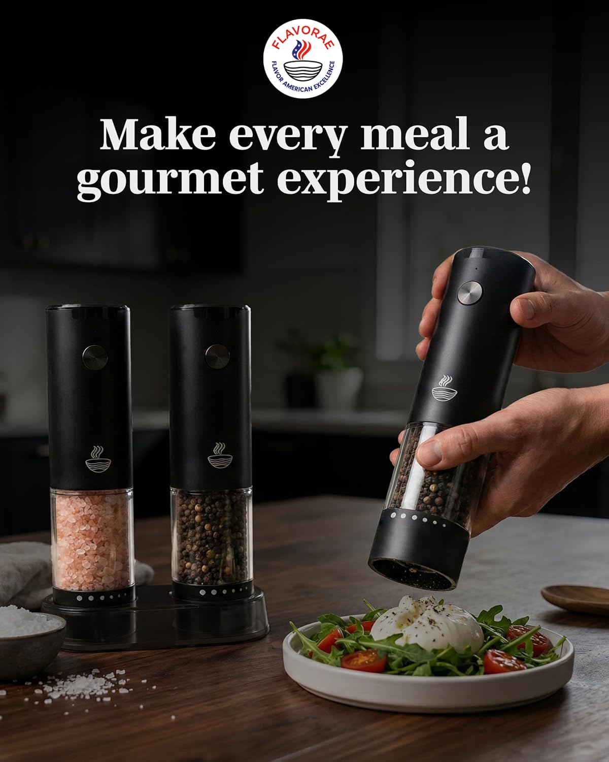 FLAVORAE Electric Salt and Pepper Grinder Set - Black 2 Pack Battery Operated Mills with 95ml Large Capacity, Adjustable Coarseness, Built-in LED Light, Automatic Salt & Pepper Shakers for Kitchen