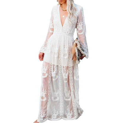 Womens Deep V Neck Short Sleeve Floral Lace Dress Long Bridesmaid Maxi Dresses