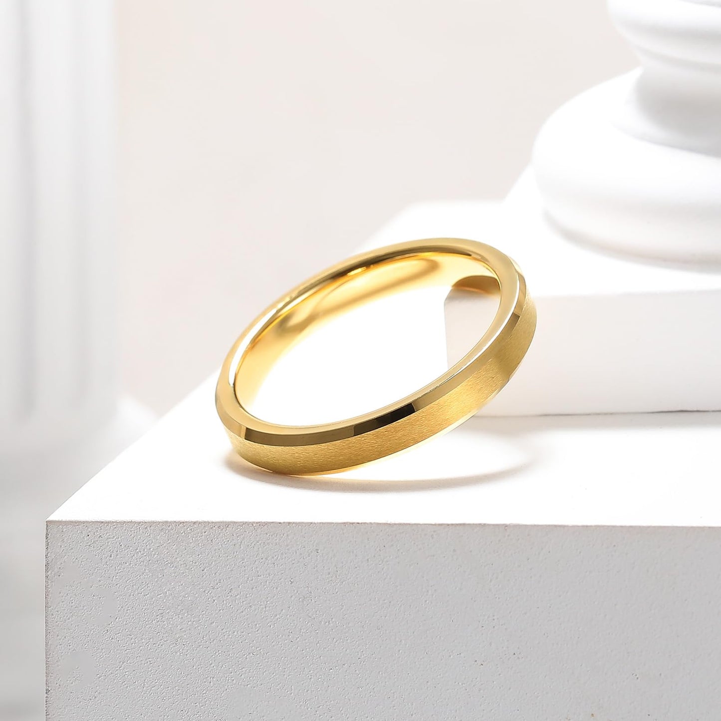 King Will 4mm Gold Tungsten Wedding Band Basic Wedding Ring For Men with Brushed Matte Surface Beveled Polished Edge Comfort Fit 9
