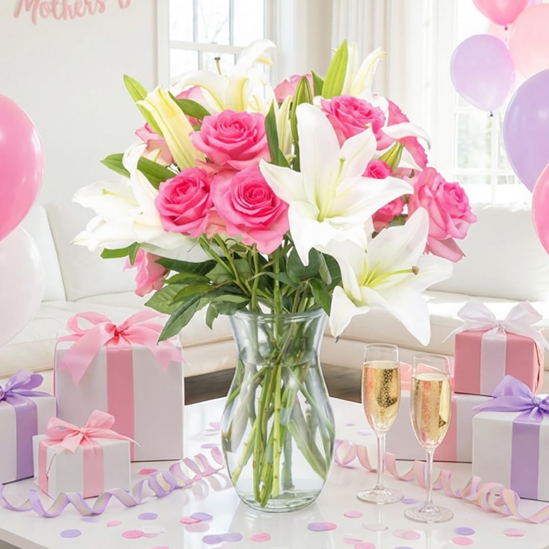 Benchmark Bouquets - Oriental Lily Flower & Pink Roses Bouquet - Fresh Flowers for Delivery - Real Flowers in a Vase - Gift Set for Mom - Mothers Day Gifts - Long Stem Roses (Glass Vase Included)