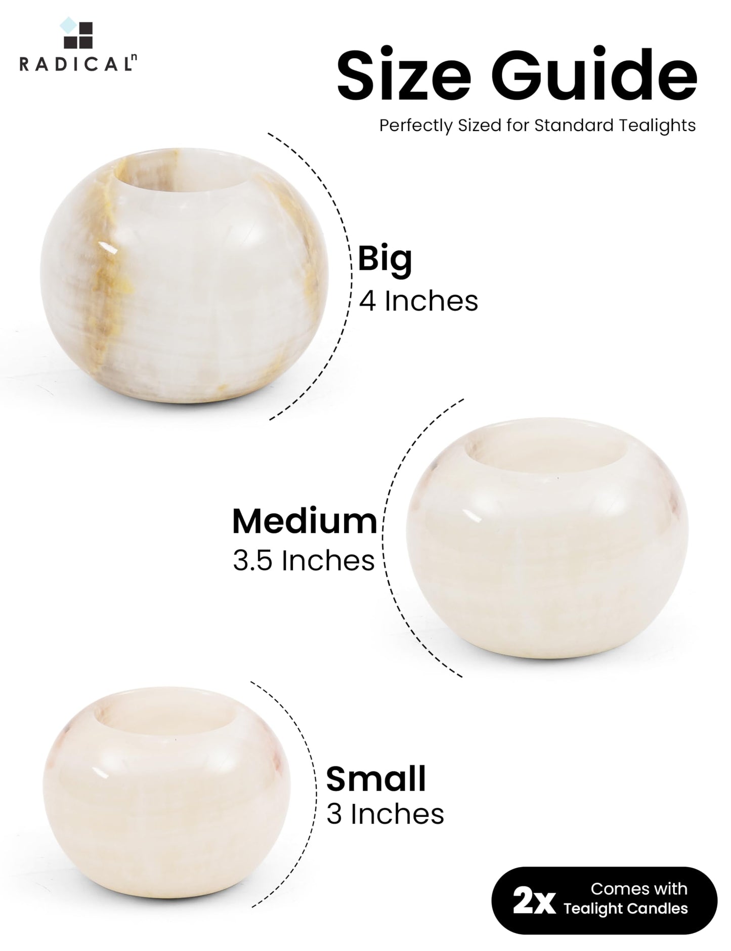 Radicaln Marble Tealight Candle Holder 4" Inch White Onyx Handmade Decorative Votive Candle Holder for Home Decor, Elegant Set of 3 Mini Candle Holders & Marble Taper Holder for Housewarming Gifts