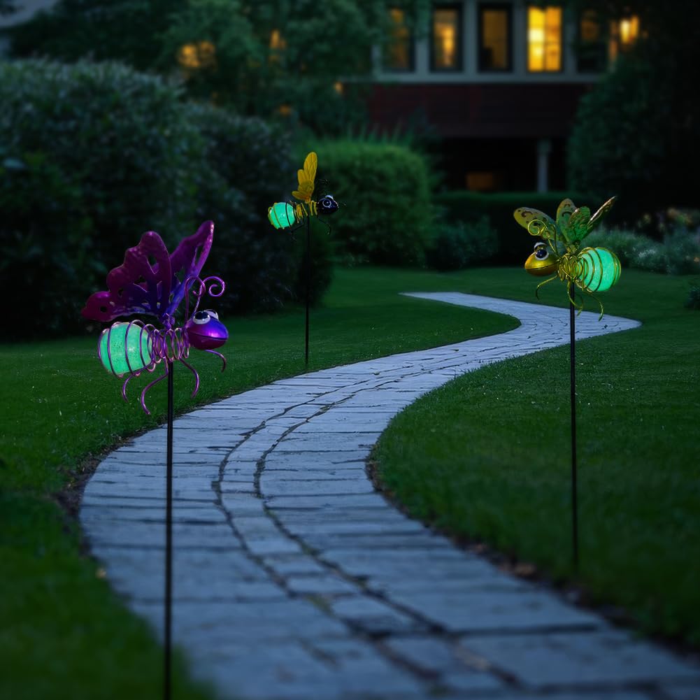SATHGA Garden Decor for Outside,3 Pcs Luminous Insect Garden Decorative Stakes,Glow in The Dark Bee Lights Metal Yard Art,Waterproof Outdoor Spring Lawn Patio Pathway Decoration for Mom,Women,Grandma
