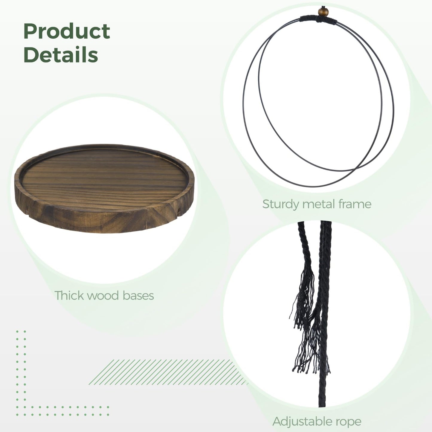DORMIYA 3 Pcs Hanging Plant Shelf, Round Wood Base with Black Metal Frame, Plant Holder with Adjustable Rope for Living Room, Balcony, Bedroom, Indoor Plant Display