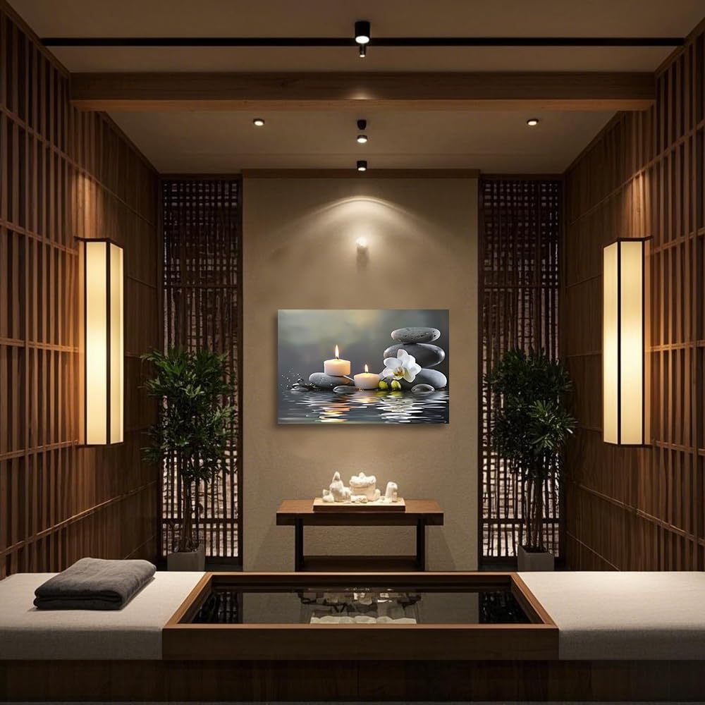 CGXLB Zen Stone Wall Art Candles & Orchid Painting Serene Water Decor for Spa Bathroom Bedroom Meditation Room 12"x18"