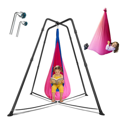 Swing Stand Frame with Sensory Pod Swings and Chair,X-Shaped Swing Set,Heavy-Duty Metal Hammock Chair Stand, Indoor Outdoor 330LBS(Pink)