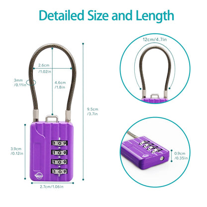 SISAV 4 Digit Cable Combination Locks 4.7 inches Cable for School Gym Locker,Helmet,Filing Cabinets,Toolbox,Luggage Suitcase,knapsack,Cable 3mm Diameter,Purple(2 Pack)