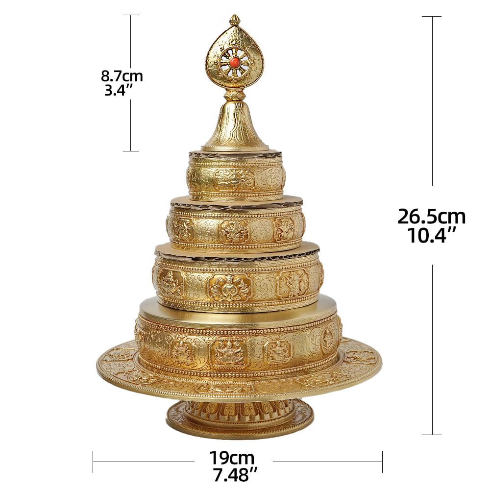 zenmood Tibetan Buddhist Mandala Offering Set, Brass Ceremonial Tower, 10.4 inch Height, Gold