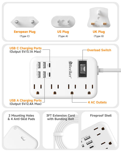 6 USB(2 USB C) Purple Travel Power Strip- 5Ft Lavender Extension Cord with 24W USB Charging Station and 4 Outlets, Purple Desk Accessories with Surge Protector for Cute Kawaii Office Dorm Room