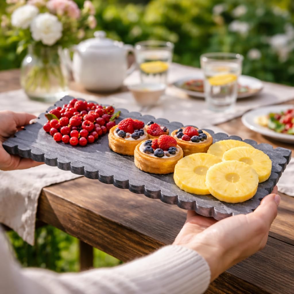 12x5" Handmade Marble Serving Platter – Natural Stone Dessert & Cheese Board for Serveware, Table Decor, Housewarming Gift, Wedding Gift & Fruit Platter - Dough Pastry or Cutting/Appetizer Board