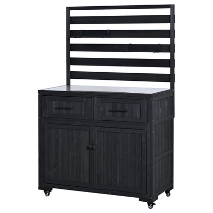 GDFStudio Junlyn Patio Kitchen Island Cart with Storage, Wooden Outdoor Storage Cabinet with Stainless Steel BBQ Prep Table Top, Drawers, Shelves and Lockable Wheels, Garden Potting Bench, Black