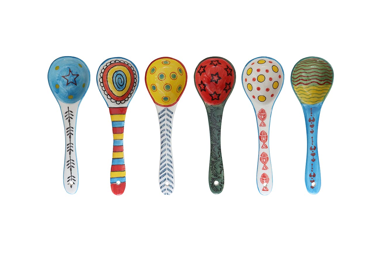 Ceramic Soup Spoons 6 Pcs- Hand-Painted Vibrant Small Serving Spoons for Ramen, Cereal, Yogurt, Dips, Microwave & Dishwasher Safe, Cute Spoons for Kitchen & Gifts