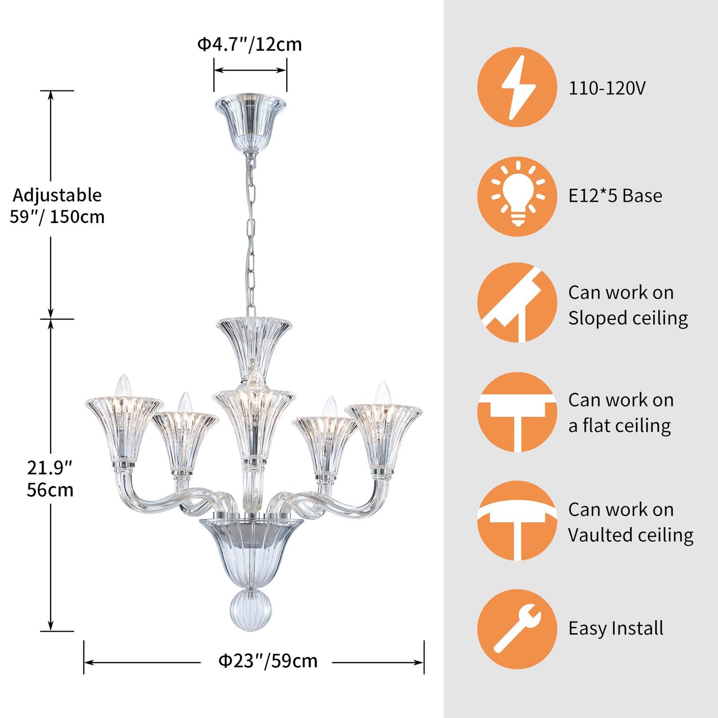 Saint Mossi 5 Light Crystal Chandelier, Modern Dining Room Light Fixture, Clear Crystal Pendant Light for Bathroom Bedroom Livingroom, D19xW19xH23, E12 Socket