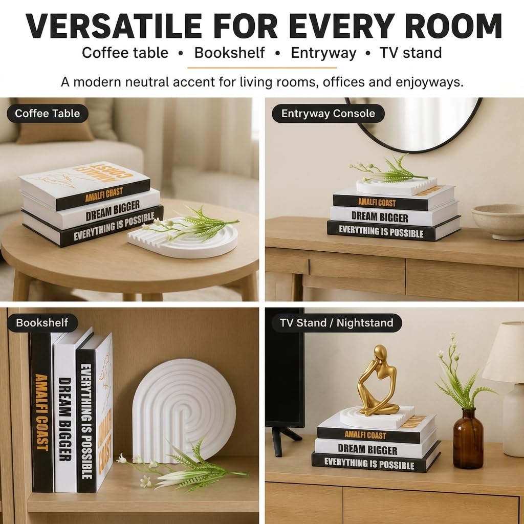 Loukaii Decorative Faux Books Set of 3 with Tray and Greenery, Hidden Storage Book Boxes for Coffee Table Decor, Bookshelf, Console Table and Modern Black White Gold Home Styling