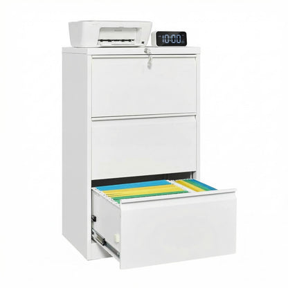 MilleLoom 3 Drawer Lateral File Cabinet Metal Lateral Filling Cabinet with Lock, Lockable File Cabinets for Home Office with Letter/Legal/F4/A4 Size Storage White