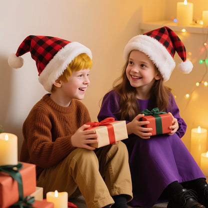 ALIMITOPIA 2pcs Christmas Santa Hat,Double Layer Luxury Plush Christmas Santa Claus Cap Xmas Hat for Adults (Plaid)