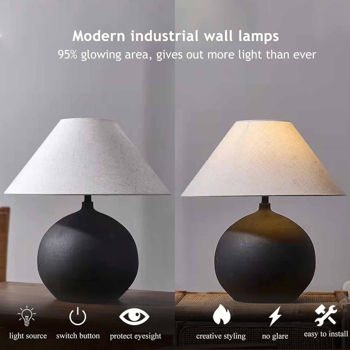 SANDYHA Rustic Round Black Ceramic Table Lamp 17.7'' Tall Farmhouse Black Crock Pot Desk Lamp Body with Tapered Fabric Shade Bedside Lamp for Living Room Bedroom House Office Entryway
